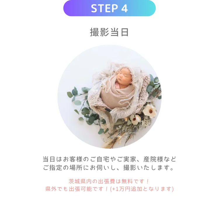 ニューボーンフォトの出張撮影 flow step